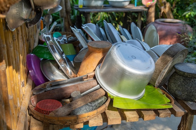 High angle view of various containers on table