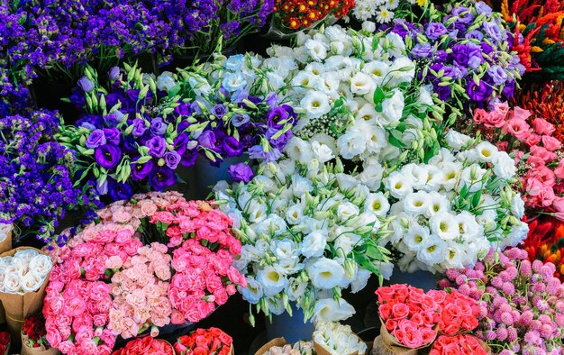 High angle view of various flowers for sale in market