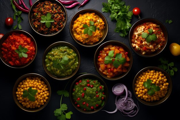 Photo high angle view of various food in bowls on table