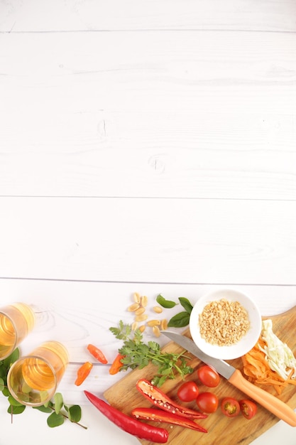 high angle view of various food on white table