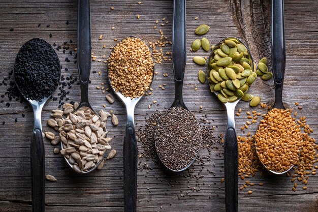 Photo high angle view of various food on wooden table