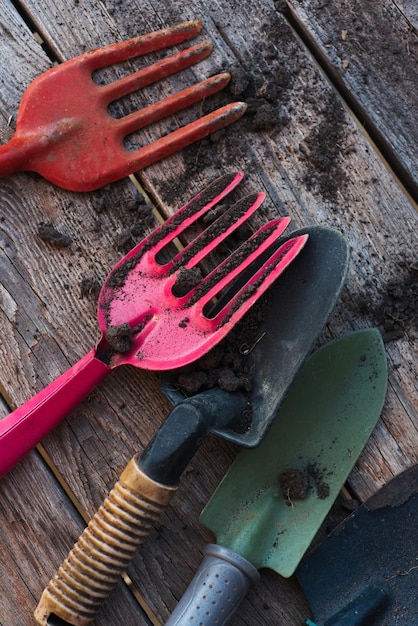 High angle view of various gardening tools on table