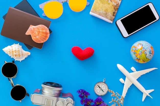 High angle view of various objects on blue background