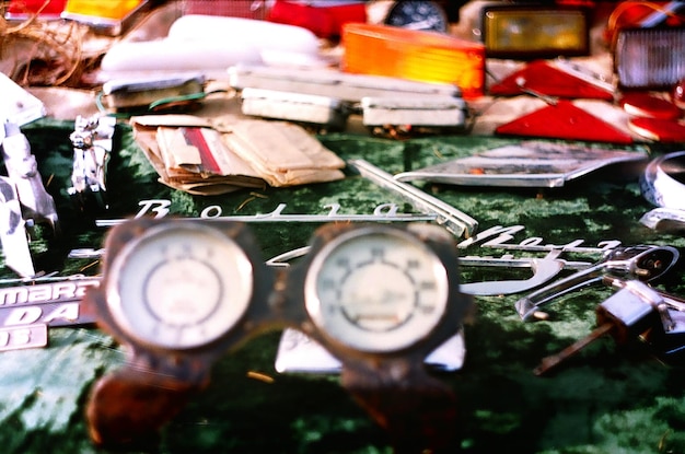 High angle view of various objects on table