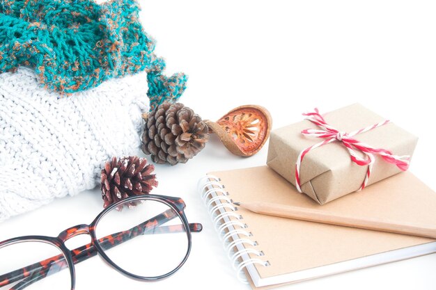 High angle view of various objects on white background during christmas