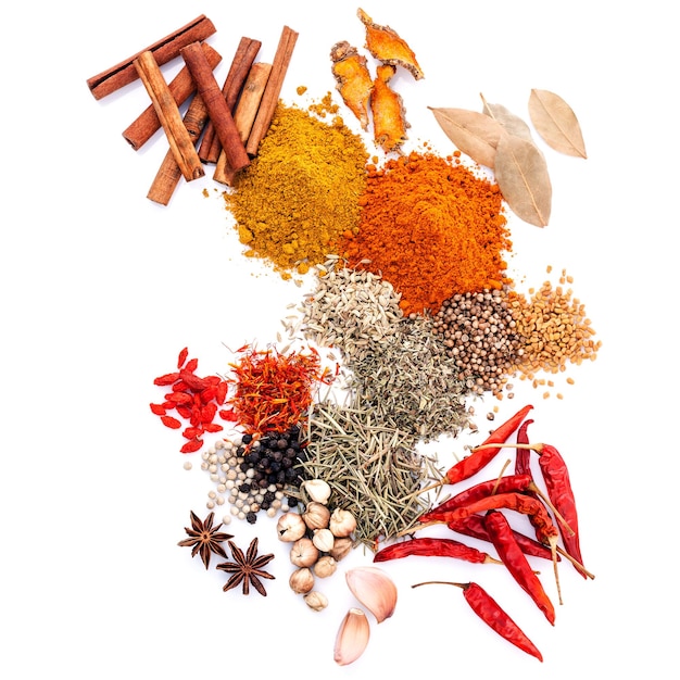high angle view of various spices against white background