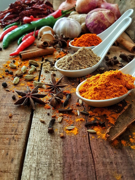 high angle view of various spices on table
