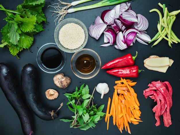 High angle view of various vegetables on table