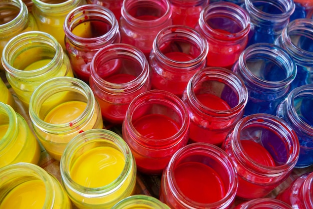 High angle view of various watercolor paints on table