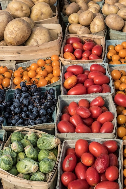 high angle view of vegetable and fruits in container at market stall