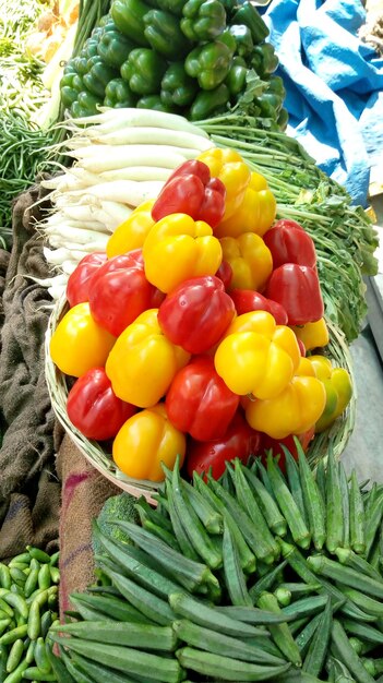 High angle view of vegetables in basket for sale