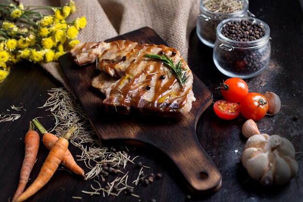 High angle view of vegetables on cutting board