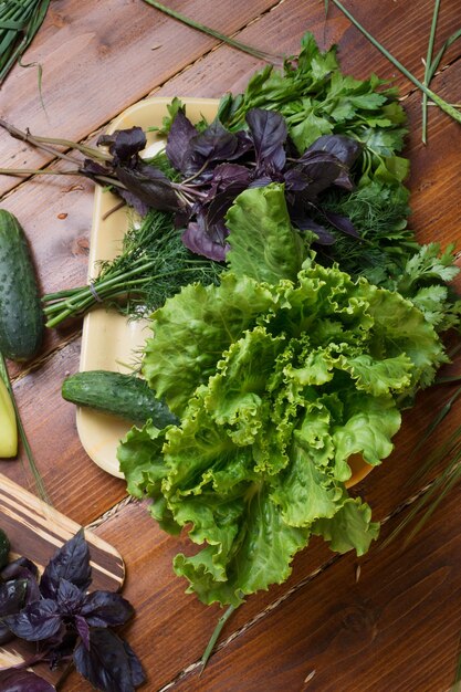 High angle view of vegetables on cutting board