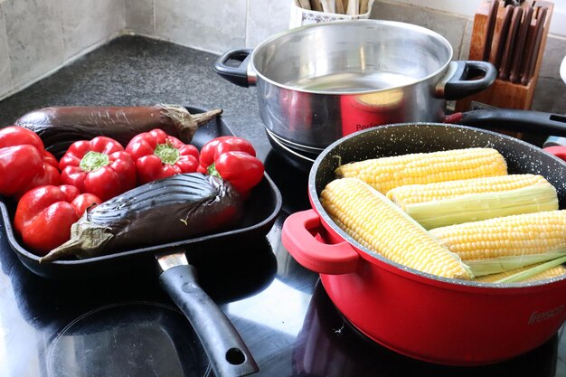 High angle view of vegetables in kitchen