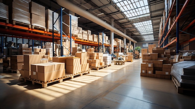 High angle view of warehouse with shelves and boxes in warehouse This is a freight transportation and distribution warehouse Industrial and industrial background