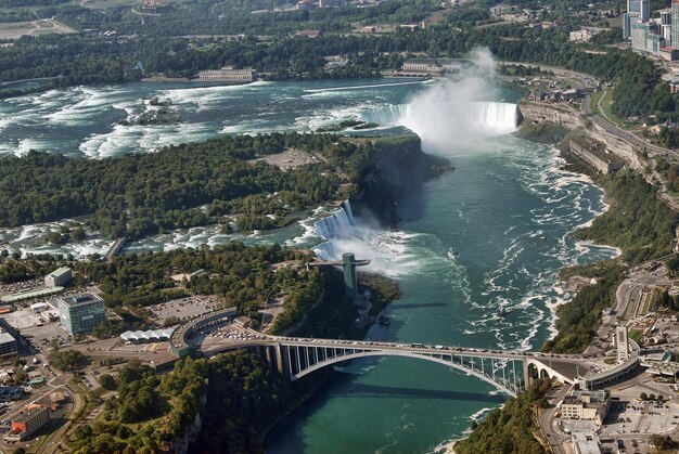 High angle view of waterfall in city