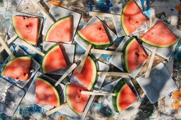 High angle view of watermelon slices on table