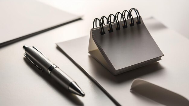 High angle view of a white blank spiral notepad with ballpoint pen