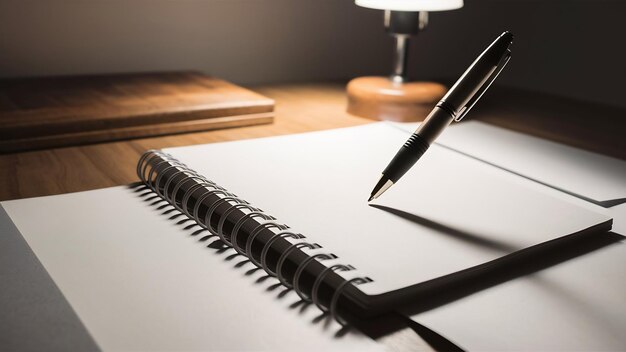 High angle view of a white blank spiral notepad with ballpoint pen