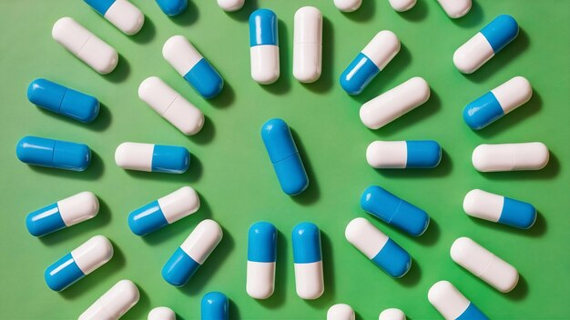 High angle view of white and blue candy capsules on green background