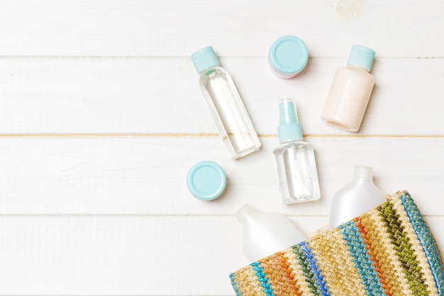 High angle view of woman cosmetic products on table