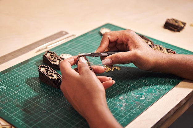 high angle view of woman hand on table