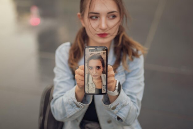 Photo high angle view of woman showing photograph on mobile phone