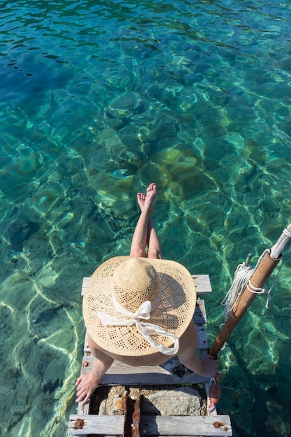 High angle view of woman sitting by sea