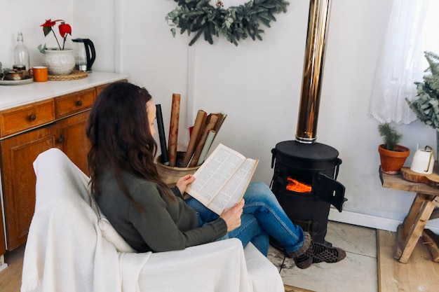 high angle view of woman sitting at home