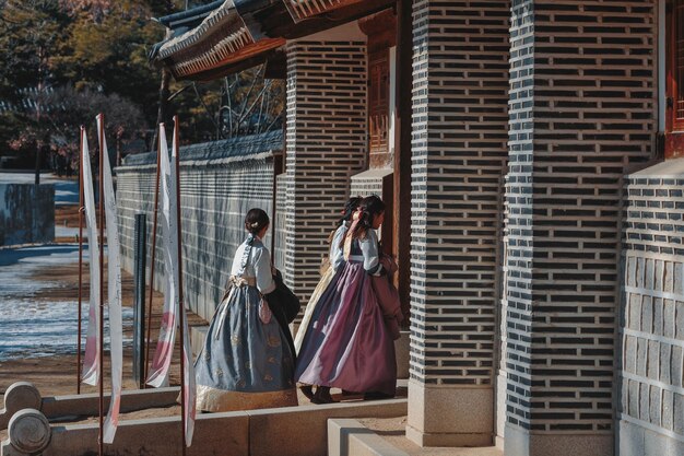 Photo high angle view of women standing outside temple