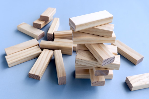 high angle view of wooden blocks on blue background