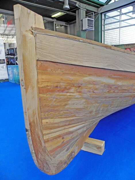 High angle view of wooden boat at workshop