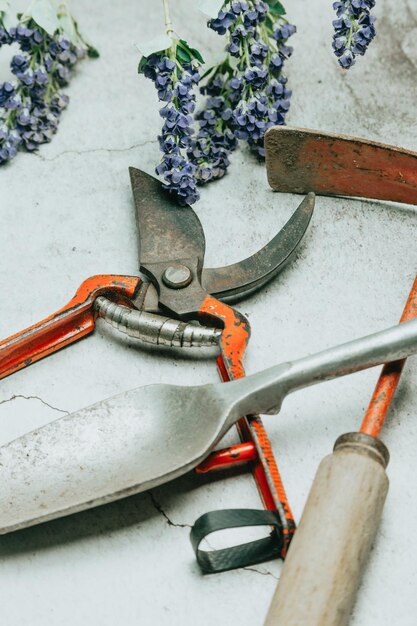 High angle view of work tools on table