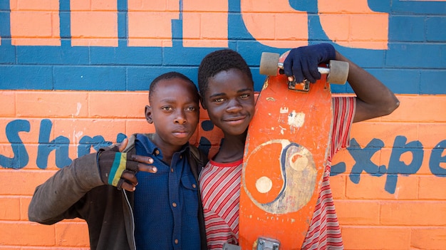 Photo high angle view of young kids standing against wall