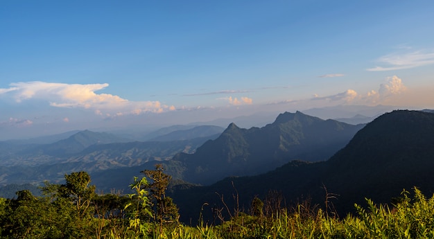 High angle viewpoint sunset over mountains and forest