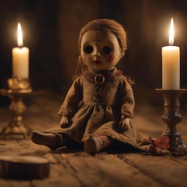 High angle vodoo doll and candles