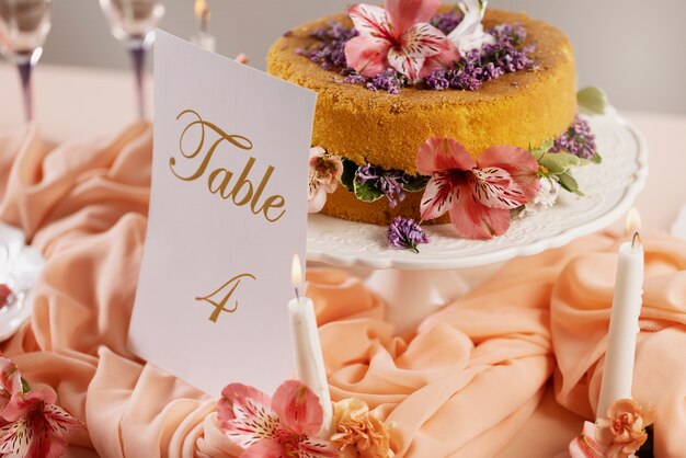 high angle wedding table with tasty cake