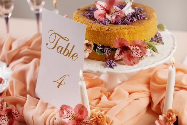 High angle wedding table with tasty cake