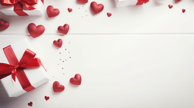 High angle white wooden background with red hearts with gifts Valentine39s Day concept