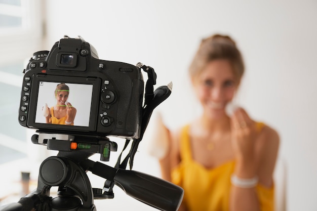 High angle woman filming tutorial