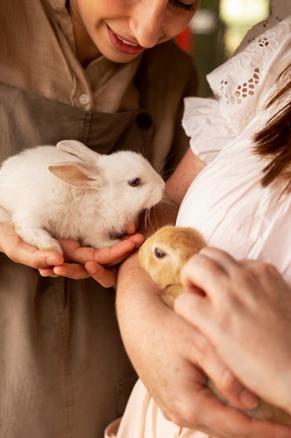 Photo high angle women holding bunnies