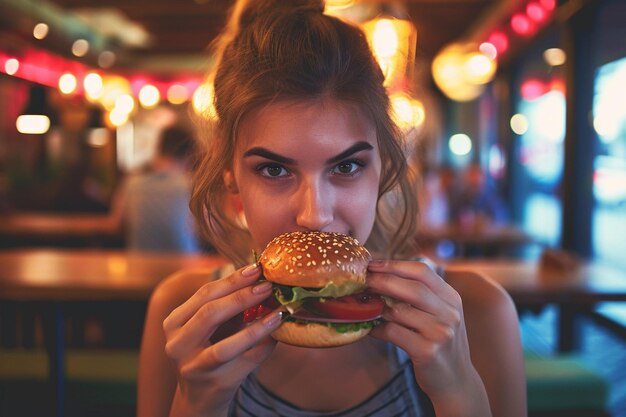 写真 ハイアングルでハンバーガーを食べている若い女性