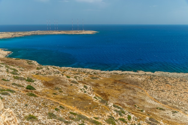 High antennas on the territory of the British military base on the Mediterranean coast.