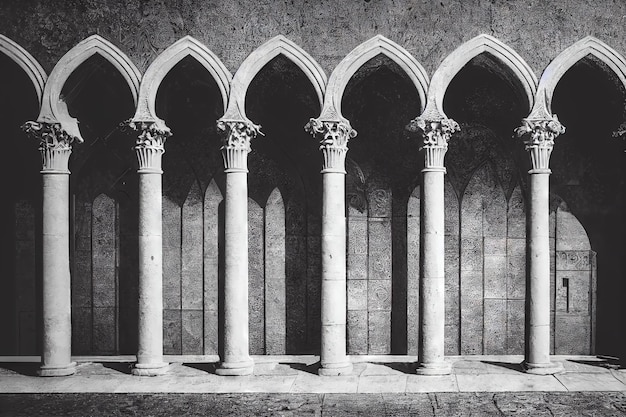 High arches and columns medieval door in black and white