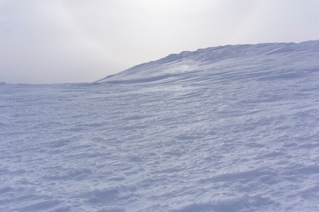 High arctic desert covered with shiny firn on the background of a gloomy cloudy sky