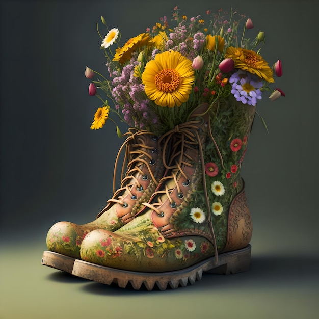 High boots with lacing Bouquet of wild flowers in boots