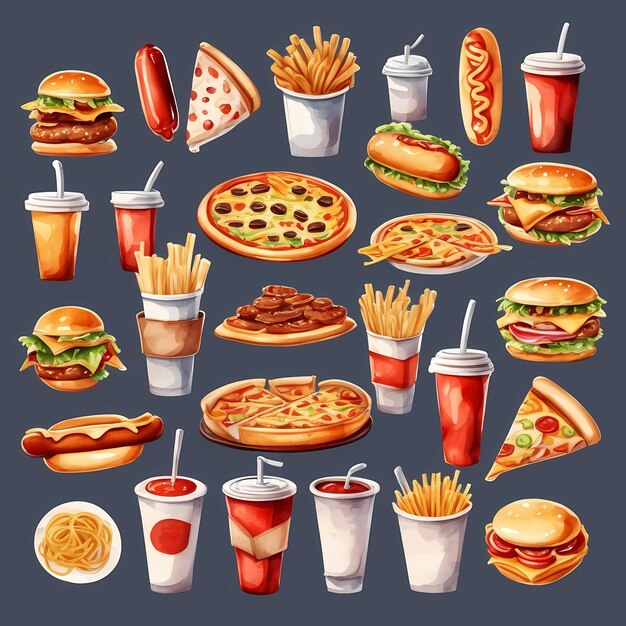 Foto fast food ad alto contenuto calorico acquerello dipinto a mano illustrazione isolata su sfondo grigio