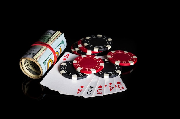 High card cards combination and dollars and chips Winning combination at a poker club or casino