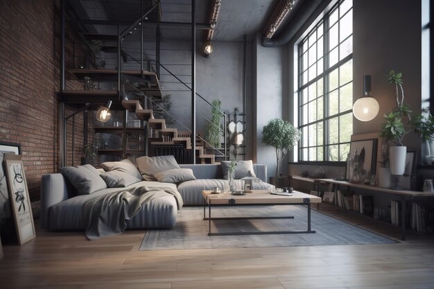 Foto soffitto alto soggiorno loft rendering 3d ci sono pareti in mattoni bianchi pavimento in cemento lucidato e struttura in acciaio nero ci sono grandi finestre che si affacciano per vedere la natura ia generativa