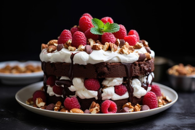 High chocolate layer cake with raspberries nuts and whipped cream in a plate Nutty chocolate cake